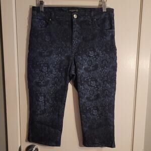 Susan Graver Sz 8 Jacquard Ankle Pants Navy Blue Floral Slim Stretch Career